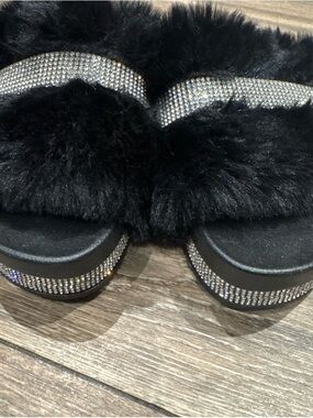 Underground Black Faux Fur Slide with Crystal Embellishment
